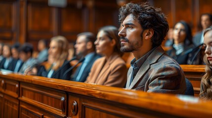 Obraz premium People attentively following court proceedings in a wooden courtroom, Ideal for legal, judicial, or educational content related to law and justice,