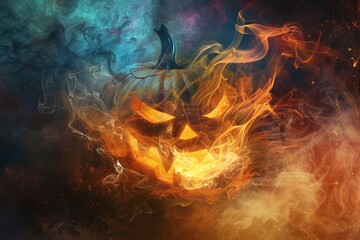 Fototapeta premium Swirling, colorful mist forming the shape of a jack - o' - lantern