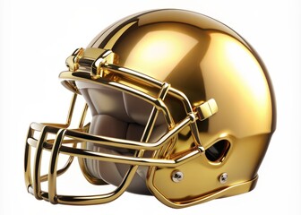 Fototapeta premium Shiny gold football helmet with sleek design, glossy finish, and protective grille, isolated on a crisp white background, exuding style and athletic sophistication.