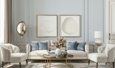 Fototapeta premium beautiful interior design furniture with mockup poster artwork with border frame interior house template for your design clean minimalist style decoration home interior background ideas