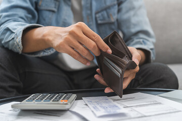 Debt financial concept, stressed problem people asian man, male hand open empty wallet not have...