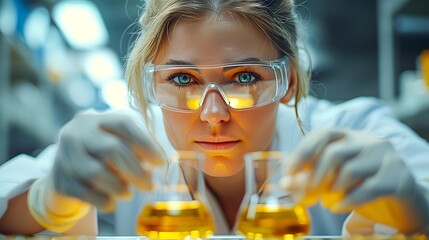 A focused scientist wearing safety goggles works intently with beakers filled with yellow liquid in a lab setting ideal for articles on scientific research, chemistry, or laboratory work,