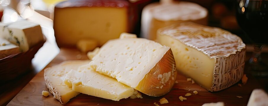 A selection of gourmet cheeses arranged on a wooden board, perfect for a cheese tasting or as part of a charcuterie spread.