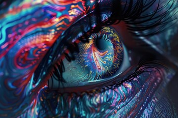 Naklejka premium A holographic eye, with the iris made of swirling, colorful patterns 
