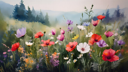 Fototapeta premium Wild flowers on a meadow. Watercolor painting.
