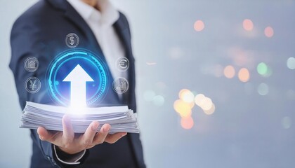 Using business intelligence for economic and financial expansion. Businessman with a stack of business report papers and a hologram icon. Copy space.