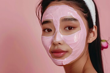 Young woman with a pink face mask on, wearing a white headband, against a pink background. Skincare and beauty concept.