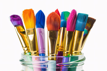 Fototapeta premium A close-up shot of a glass jar filled with paintbrushes of various colors, ready for artistic endeavors.
