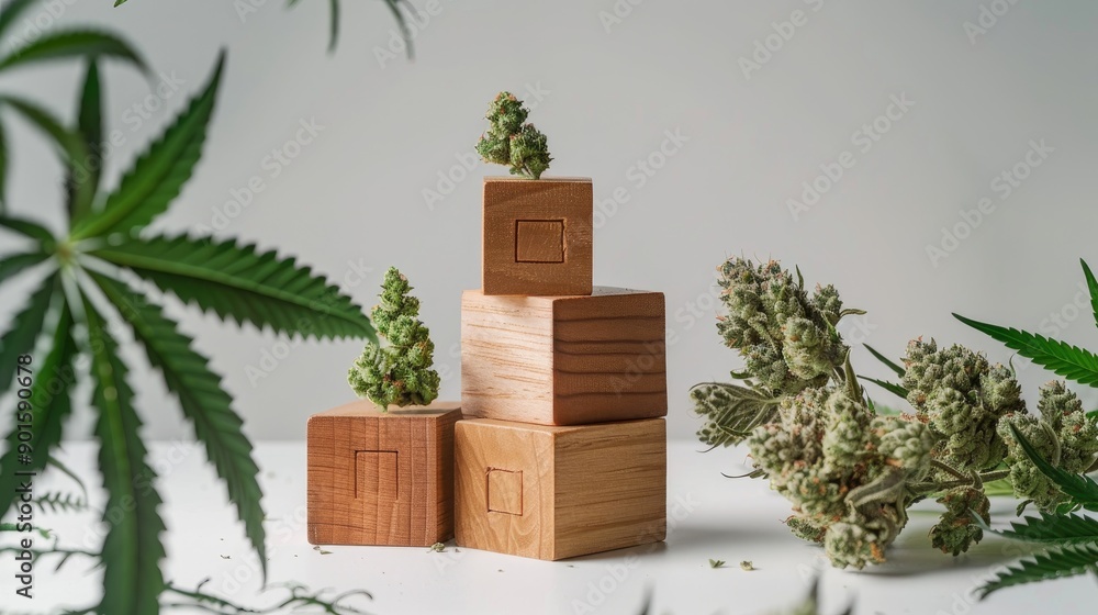 Poster Cannabidiol logo on wooden blocks with cannabis flowers on blank white backdrop