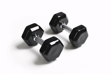 Two black dumbbells with chrome handles lie on a white background.
