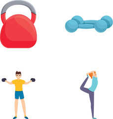 Sport activity icons set cartoon vector. People doing sport or physical exercise. Full body workout