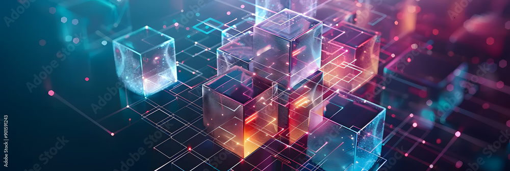 Poster futuristic metaverse digital cubes blocks technology network connection concept. 