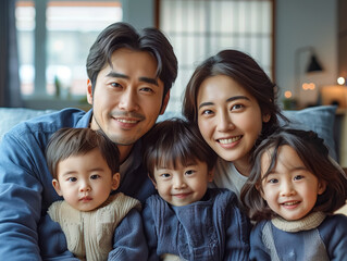 Happy Young Korean Couple and Their Kids Sitting in Their Newly Purchased Apartment