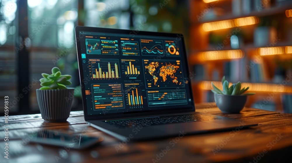 Poster modern laptop displaying analytical data visualizations in bright office setting during daytime. gen