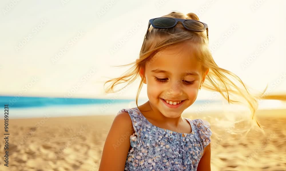 Sticker Portrait of a cute little girl on the beach at sunset.