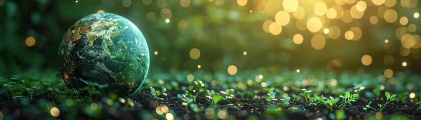 Earth with ecofriendly symbols minimal icon flat blue background digital space for text