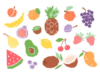 Set of cartoon tropical fruits isolated on white. Geometric fruits collection elements for logo, print, design. Vector illustration