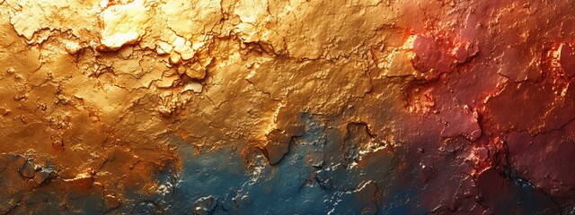 Naklejka premium Rugged metallic texture with golden and blue hues, intricate abstract art resembling rugged cracked surface, golden texture representing layers of history and time etched into surface