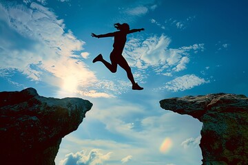 A person leaping over a large gap between two cliffs, representing the idea of taking risks and overcoming obstacles