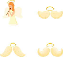 Female angel icons set cartoon vector. Young woman with wing and halo play flute. Cartoon character, religion theme