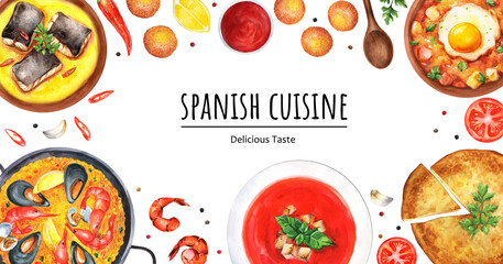 Watercolor banner Spanish cuisine. Set of Spanish dishes