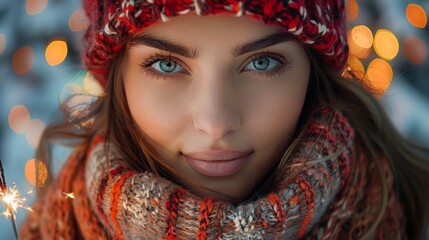 portrait of a woman in a hat Close-up of a womans hand holding a sparkler on New Year