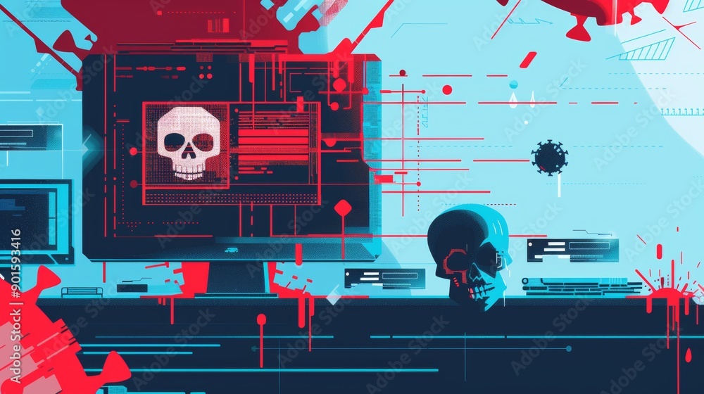 Aufkleber a computer monitor with a skull on it and a skull on the desk
