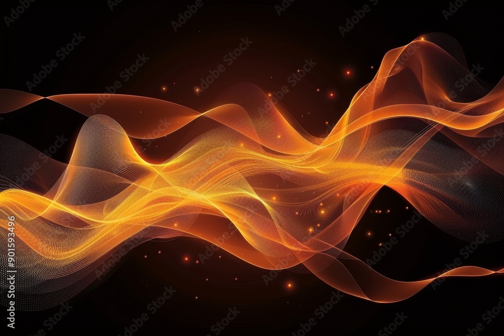 Poster Abstract Fiery Waves Background with Glowing Particles. Dynamic Lines and Fluid Flow of Energy.