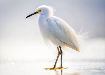 Obraz premium Solo snowy egret with delicate white feathers and slender legs stands elegantly on a clean white background, showcasing its serene beauty in isolation.