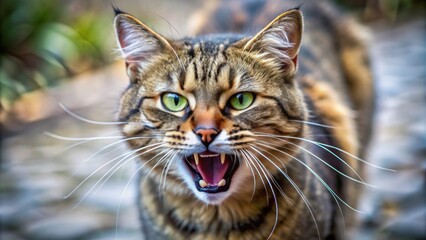 Fototapeta premium Fierce homeless cat on street hisses aggressively, baring sharp teeth, arching back, and puffing out fur, showing signs of potential rabies infection and wild behavior.