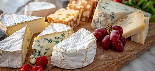 Assorted cheeses on a wooden board with grapes and raspberries. A delicious cheese platter for gourmet and culinary presentations.