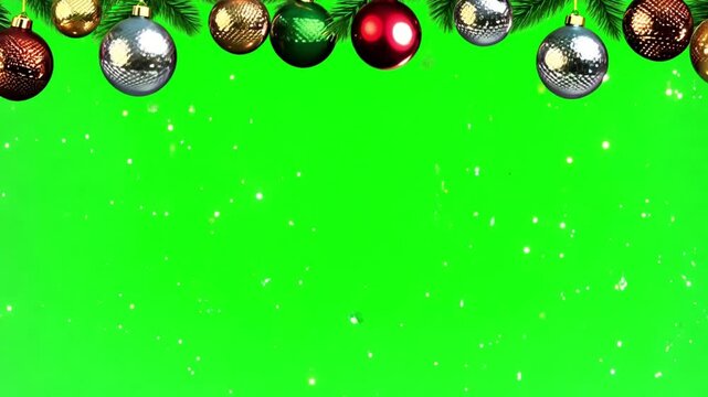 Christmas frame or new year frame with fir or pine leaves and light bulbs blinking with alpha map for compositing Green screen Merry Christmas concept