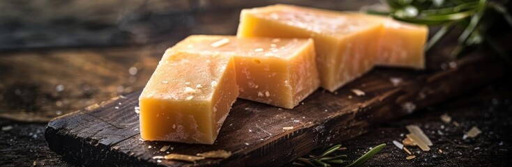 High-quality salted cheese chunks on a rustic wooden board, ideal for culinary and food photography, showcasing the texture and presentation.