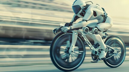 Fototapeta premium Robot Cyclist Racing: A high-speed robot cyclist pedaling intensely in a competitive race. 