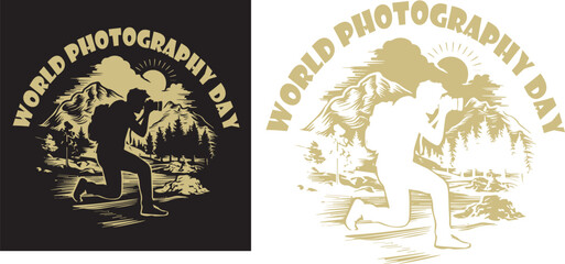 Obraz premium Capturing Moments Celebrate World Photography Day with a Silhouette of a Photographer Against Majestic Mountains and Pine Trees – Perfect for Creative Projects, Nature Enthusiasts Photography