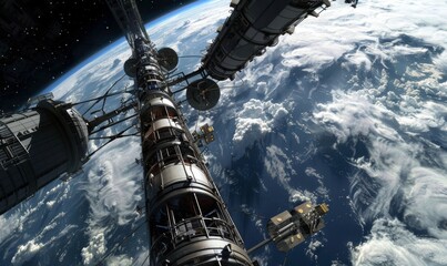 Fototapeta premium A space elevator extending from Earth to a geostationary orbit station, with cargo and passengers ascending through the atmosphere. The engineering marvel is detailed and realistic