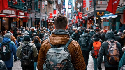 A lone traveler observes a bustling city street filled with people and vibrant flags, capturing the essence of urban life.