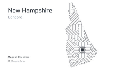 New Hampshire Map with a capital of Concord Shown in a Microchip Pattern. E-government. United States vector maps. Microchip Series	
