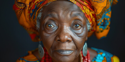 Portrait of elderly African woman in colorful ethnic turban and statement jewelry.