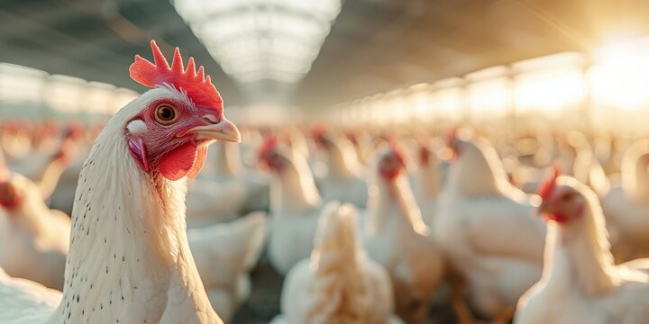 A close-up of a white chicken in a large, sunlit poultry farm, surrounded by other chickens in the background.