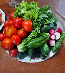 Fresh vegetables on a plate. Parsley. Tomatoes. Cucumbers. Radishes.