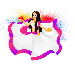 Beautiful lady holding plate of dry colors on colorful splash background for Holi festival celebration.