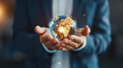 Businessperson holding a glowing, digital earth symbolizing global connection, innovation, and technology in a corporate setting.