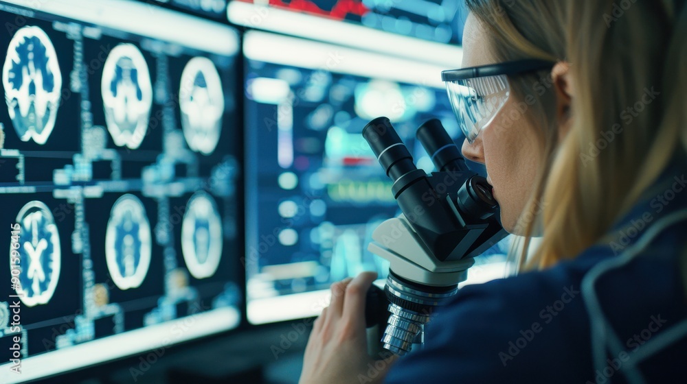 Poster a focused scientist examines brain scans using a microscope, surrounded by multiple screens displayi