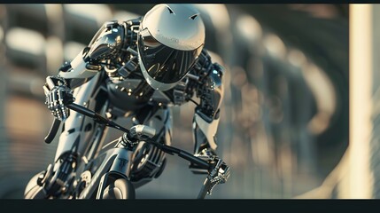 Fototapeta premium Robot Cyclist Racing: A high-speed robot cyclist pedaling intensely in a competitive race. 