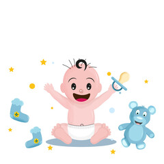 Cute happy baby holding pacifier with socks and teddy bear for Baby Boy. Can be used as poster or template design.