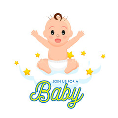 Baby boy sitting on cloud with stars and bunting flags decorated blue background for Baby Shower concept.