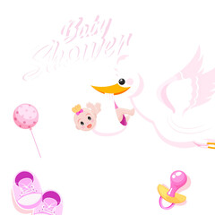Baby Girl Shower celebration invitation card design with Stork lifting baby and event details on pink background.