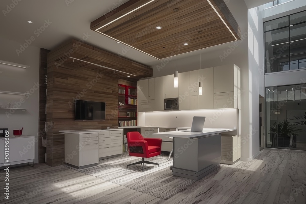 Poster modern workspace with large windows and natural light creating a professional and vibrant environmen