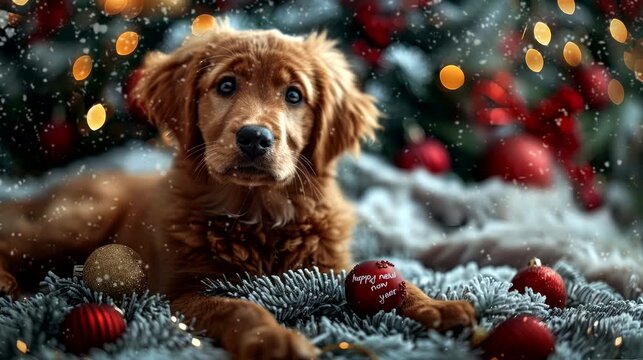 a festive wallpaper featuring cute dog dressed in Santa hats and scarves, christmas decoration tree. seamless looping time-lapse virtual 4k video animation background